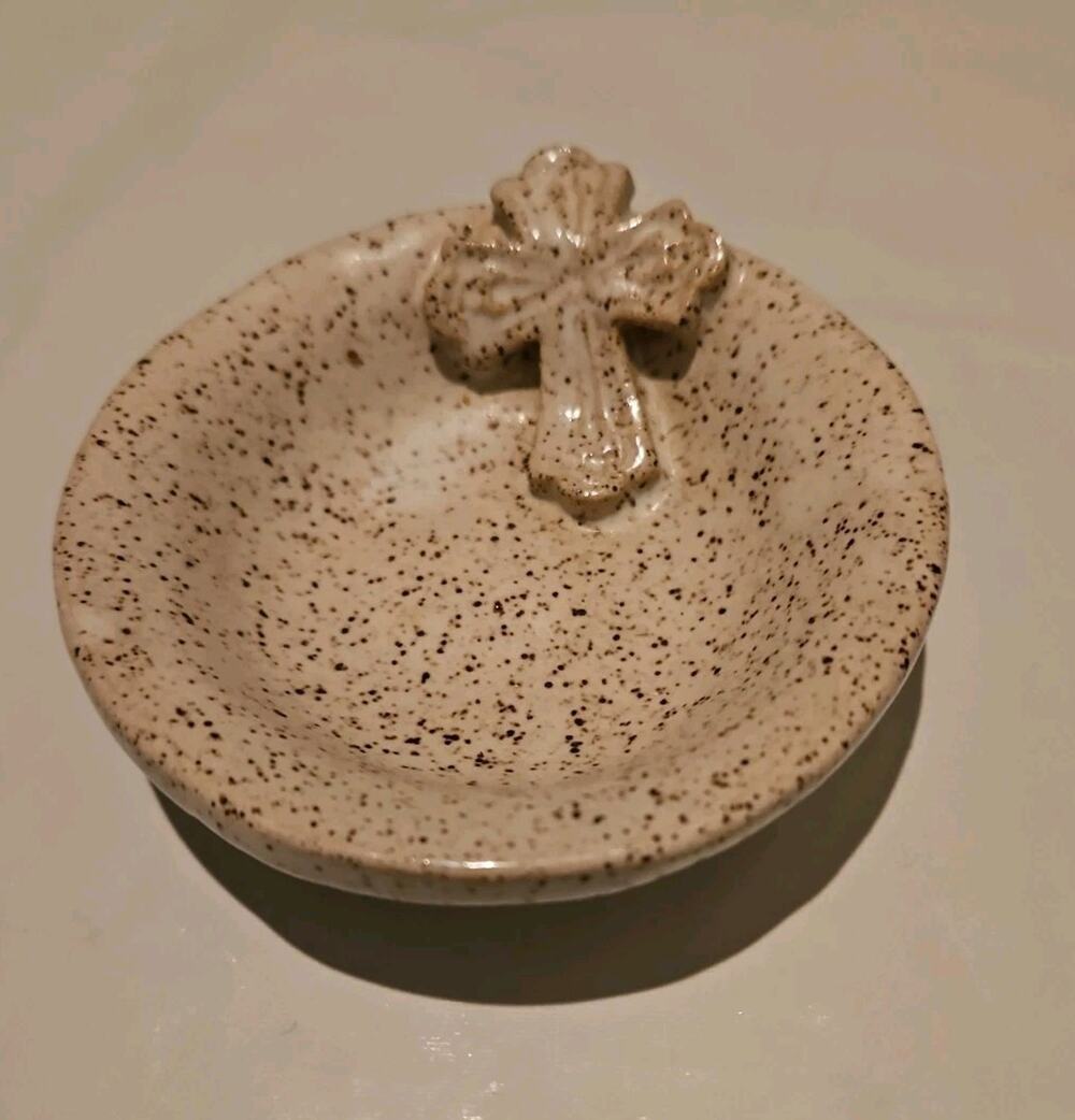 Pottery Cross Ring Trinket Dish 3.5" Signed